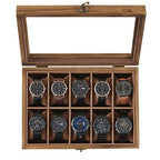 SONGMICS 10-Slot Watch Box, Watch Display Case with Large Glass Lid, Removable Watch Pillows, Velvet Lining, Gift Idea, Rustic Walnut UJOW100K01 - color: Rustic Walnut, size: 1 Layer 10 Slot