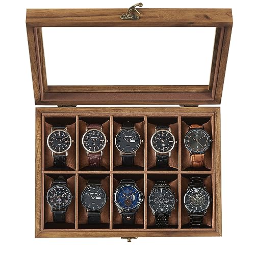 SONGMICS 10-Slot Watch Box, Watch Display Case with Large Glass Lid, Removable Watch Pillows, Velvet Lining, Gift Idea, Rustic Walnut UJOW100K01 - color: Rustic Walnut, size: 1 Layer 10 Slot