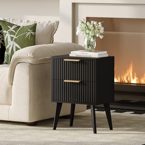 YAUKOMEL Small Black Night Stand,Mid Century Modern Bedside Table, Nightstand with 2 Drawers,Fluted Side Table with Wood Legs, End Table for Bedroom,Small Space Black11.8 D x 15.7" W x 22.8" HCTG55BK - color: Black, style: Fluted Style