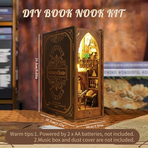 Book Nook Kit, MOJINO DIY Miniature 3D Puzzle Wooden Bookends Doll House with LED Lights for Bookshelf Decor, Tiny Miniverse Model House Art Craft for Adults Gril Halloween Christmas Decoration Gift