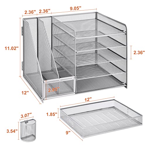 Marbrasse Desk Organizer with File Holder, 5-Tier Paper Letter Tray Organizer with Drawer and 2 Pen Holder, Mesh Desktop Organizer and Storage with Magazine Holder for Office Supplies (Silver) - color: Silver