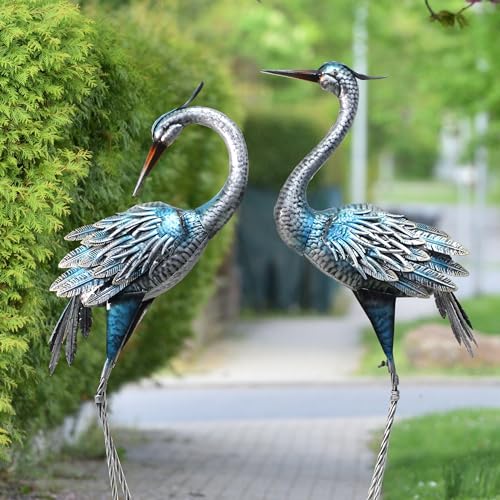 37-40Inch Outdoor Crane Garden Statues, Blue Heron Garden Statues, Large Metal Cranes for Yard, Lawn, Patio, Pond, Set of 2 - color: Blue