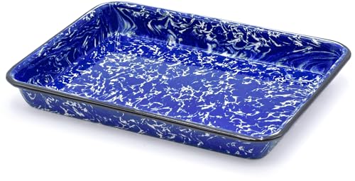 Red Co. 11" x 9" Enamelware Metal Classic 2 Quart Rectangular Serving Tray, Navy Blue Marble/Black Rim - Splatter Design - color: Navy Blue