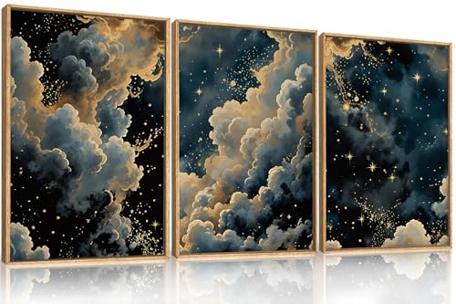 HPNIUB Dreamy Starry Night Sky Framed Wall Art Set,Moody Celestial Wall Decor,Modern Abstract Manimalist Gothic Printing,Natural Stars Illustrations Artwork for Living Room, Bedroom,Office-16''x24''x3 - color: Misty Starry Sky Wall Art, size: 16"L x 24"W