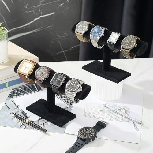 Wenqik 2 Pack Watch Holder Stand, Velvet Watch and Bracelet Display T Bar Stands, Jewelry Organizer for Watches Bracelets and Bangles, Countertop Display for Dresser, Store or Home, Black