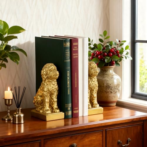 Poodle Decorative Bookends for Shelves, Dog Book Ends for Heavy Books, Toy Poodle Statues Bookends for Heavy Books with Anti-Slip Base Book Holders for Home Office Decor (Gold)
