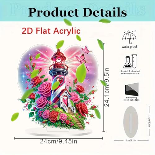 5D Tabletop Diamond Art Kit Rose Lighthouse, Stand Up Special Shaped Crystal Diamond Art Desktop Kits for Adults, DIY Diamond Art Paintng Kits Craft, Box Package - color: Rose Lighthouse