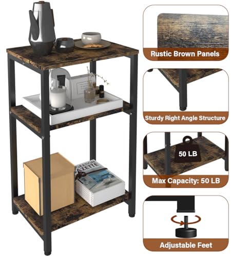 3 Tier Side Table, Heavy Duty End Table with Shelves, Narrow Nightstand for Small Spaces, Record Player Table for Bedroom, Living Room, Sofa Couch - Rustic Brown & Black - color: Black, size: 3-Tier