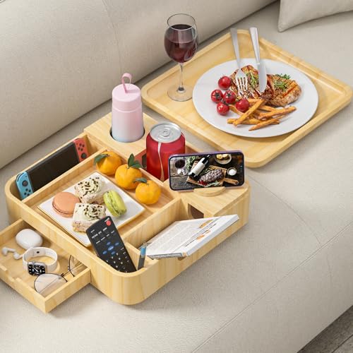 Couch Cup Holder, Couch Tray Cup Holder Sofa Tray, Large Capacity 2-Tier Wooden Trays with Drawer for Sofa, Bed, Picnic, Drinks, Snacks, Remote, Cell Phone, Headphones (Solid Pine Wood)12.5*12.5 in - color: Natural Pine Wood