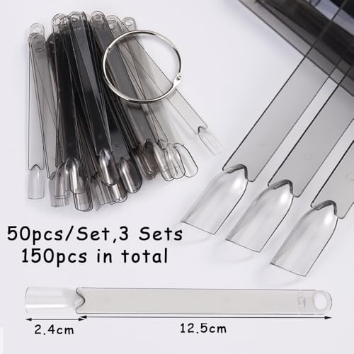 150 Pcs Nail Swatch Sticks with Metal Ring, Transparent Black Square Nail Tips for Nail Art Polish Practice Display, Acrylic False Nail Sample Sticks Nail tech Supplies for Home or Salon Use - color: Transparent Black Square