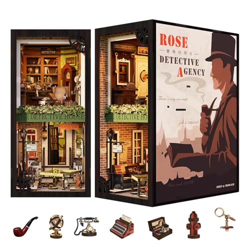 Fsolis Book Nook Kit, 3D Wooden Puzzle for Adult DIY Miniature Kit Decorative Bookend Bookshelf Bookcase Decor Gifts for Women Readers Book Lovers(Rose Detective Agency) - style: Rose Detective Agency
