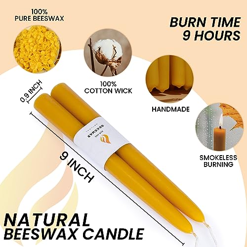 16PCS Beeswax Taper Candles, 9" Handmade Natural Candles, Dripless and Smokeless，9 Hour Burn Time - color: RAW