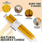 16PCS Beeswax Taper Candles, 9" Handmade Natural Candles, Dripless and Smokeless，9 Hour Burn Time - color: RAW