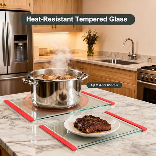 Tempered Glass Cutting Board Set for Kitchen Counter - Dishwasher Safe with Juice Grooves, Non-Slip Silicone Edges & Beveled Grip - 16"x12" & 12"x8" Serving Tray (Red-2PCS) - color: Red-2PCS