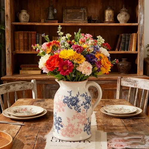 Floral Pattern Flower Pitcher Vase, Farmhouse vase with Handle, Ceramic Modern Pitcher Vase for Home Décor, Cute Water Jug. - color: Blue&red Pitcher