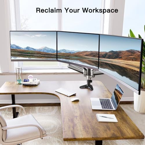 HUANUO Gaming Triple Monitor Stand, Full Motion Articulating Triple Monitor Mount Fit 17 to 32 inch Flat/Curved LCD Computer Screens with Clamp, Grommet Kit, Silver - color: Silver