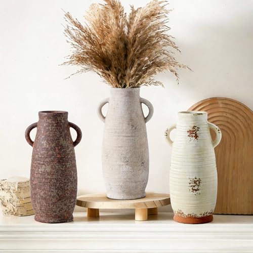 Ceramic Rustic Farmhouse Vase, Distressed Decorative 12 Inch Flower Vase for Home Decor, Ideal Shelf Decor, White Boho Vase for Living Room Bedroom Kitchen Office Decor Centerpiece Table Decorations - color: 203-1-12in