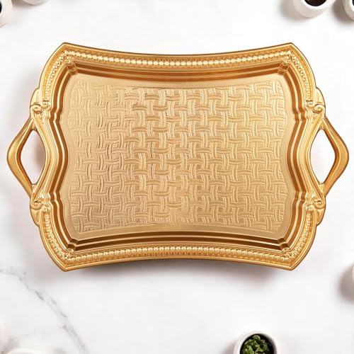 Alisveristime 2-Person Rectangular Metal Serving Tray – Ottoman Motif, (14.6" x 9", 13.1 oz) (Gold)