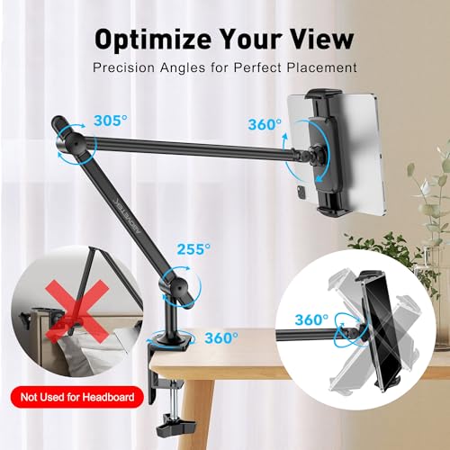 AboveTEK Tablet Stand Holder for Desk & Bed, Aluminum iPad Holder Arm with 360° Rotating Clamp, Adjustable Phone Stand Compatible with 4.7"-13.5" iPad Pro/Air/Mini, iPhone, Galaxy Tab- Black - color: Black
