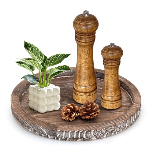 Round Decorative Wooden Serving Trays for Ottoman Coffee Table Tray Farmhouse Kitchen Home Decor Accents Circle Circular Wood Decorations Trays Rustic Dining Table Centerpiece Candle Holder Tray - color: Washedwhite, size: 12"