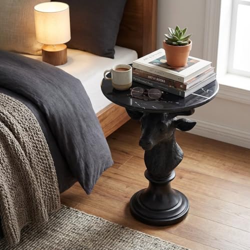 Modern Accent Table with Black Deer Sculpture Base, Minimalist Faux Marble End Table for Living Room Reception Area & Bedroom, 19.69 Inches Wide × 25.59 Inches High - color: Black Deer Statue Table