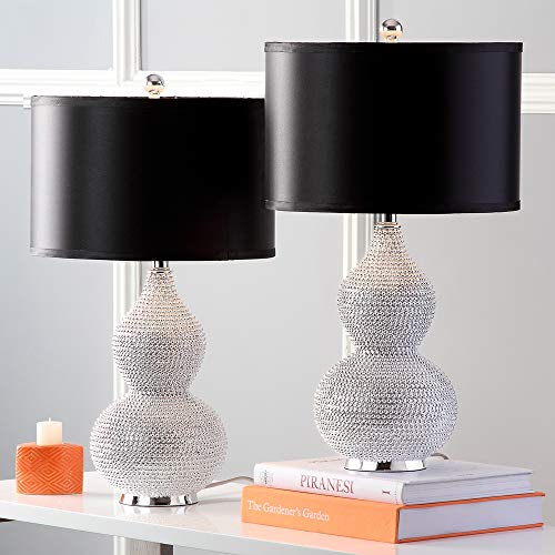 SAFAVIEH Lighting Collection Nicole Silver/Black Shade Beaded 25-inch Table Lamp Set of 2 with USB Charging Port (LED Bulbs Included) - color: Silver - with USB