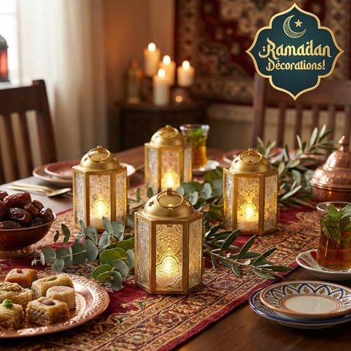 VELA LANTERNS Mini Moroccan Tea Light Candle Holder Lanterns – 4.25" Small Decorative Lantern for Table or Hanging, Metal with Glass Panels – Ramadan, Wedding, Home Decor, Gold (Set of 4) - color: Gold