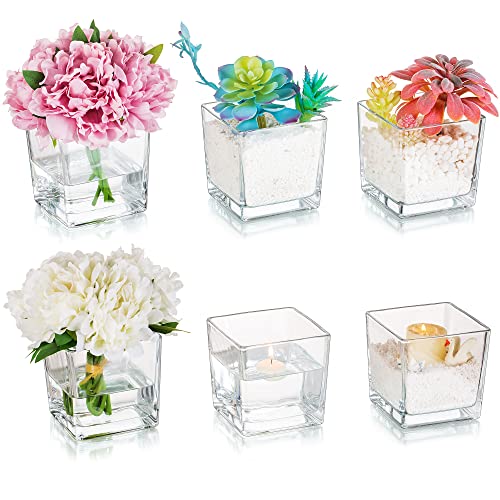 Square Glass Vases Set of 6 – Hewory 5"x5" Clear Cube Flower Vase Candle Holders for Wedding Centerpieces Home Decor Events Party Ceremony (Not Include Flower and Candle)