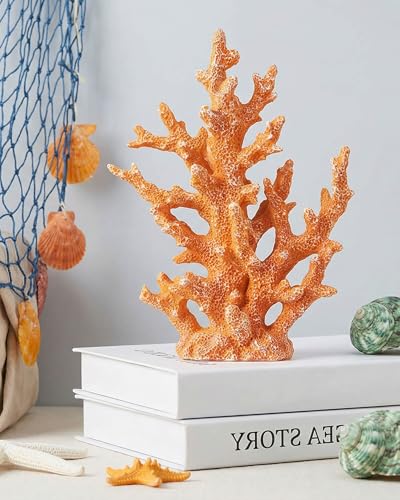 Lifelike Coral Reef Sculpture Statue - Handmade Resin Ocean Decor for Aquarium, Desk, Bathroom, Shelf - Coastal Beach Nautical Theme Gift for Home & Office - color: Orange