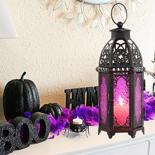 NEEDOMO Halloween Decorations,11'' Moroccan Lanterns Decorative Indoor & Outdoor, Vintage Christmas Candle Holder, Metal Lanterns Decorative, Table, Patio, Porch, Shelf, Christmas Spring Home Decor - color: Purple, size: Medium