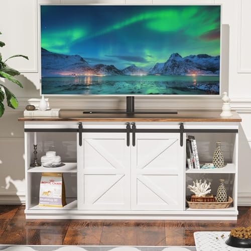 YESHOMY Farmhouse TV Stand for Televisions up to 65 Inches, Sliding Barn Doors and Storage Cabinets, Console Table and Media Furniture for Living Room, 58 Inch, White - color: White, style: Sliding Barn Doors TV Stand