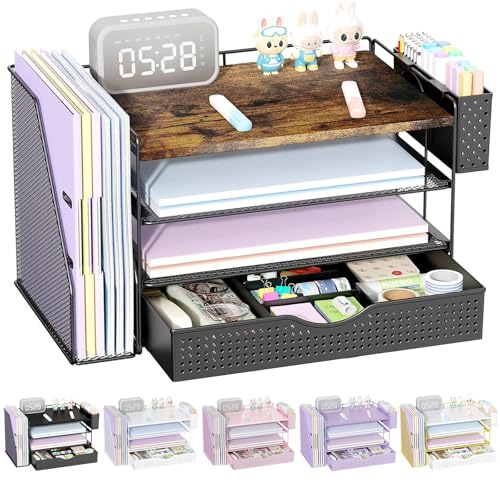gianotter Wood Desk Organizers and Accessories with File Holder, 4-Tier Desk Accessories & Workspace Organizers with Drawer and Pen Holder, Desk Reference Organizer (Wood) - color: Wood