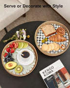 Round Rattan Tray with Mother of Pearl Inlay, Decorative Serving Tray with Wooden Base, Woven Wicker Tray for Coffee, Bread, Fruits, Home Decor(Black Checkerboard, 11.8")