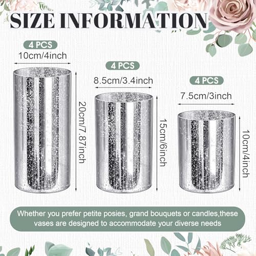 12 Pcs Silver Cylinder Vases for Centerpieces Mercury Vase Hurricane Vase Bulk Acrylic Round Wide Container for Flowers Home Office Wedding Table Decorations (4''/6''/8'') - color: Silver, size: 4''/6''/8''