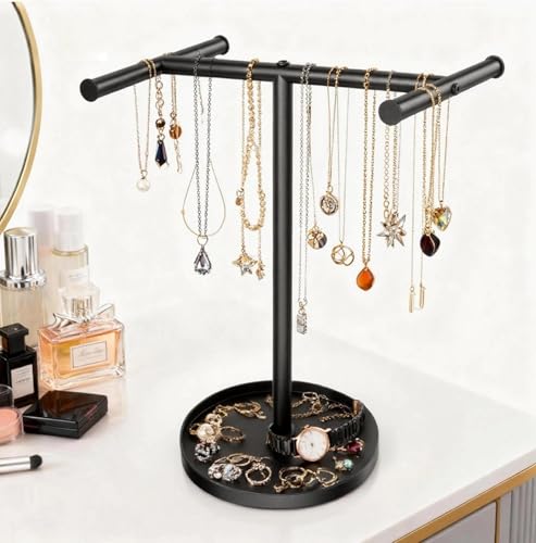 Necklace Holder Organizer, Metal Jewelry Stand to Prevent Bangles, Necklaces, Bracelets, Rings, Earrings and Watch Tangling - color: Black