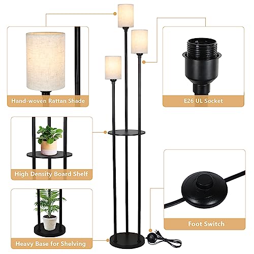 Floor Lamp with Shelves, Modern Floor Lamps for Living Room, 3-Lights Standing Lamp with Linen Shade and Foot Switch, Industrial Standing Lamps for Bedroom, Black Tall Table Lamp for Office - style: Black-Fabric Shade