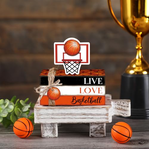 Briwooody 5 Pcs Basketball Decoration Farmhouse Wooden Mini Book Stack Sport Ball Party Table Centerpieces Senior Night Basketball Decor for Locker Room Home Bedroom Office Desk Tiered Tray Shelf - style: Basketball