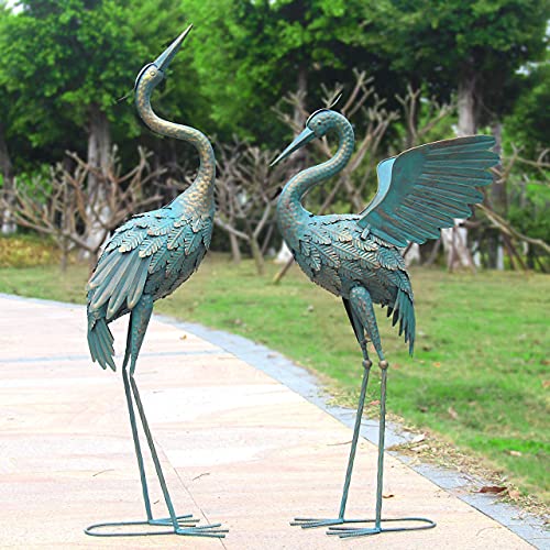 33-37 Inch Metal Crane Garden Statue Décor, Bird Garden Sculpture & Statues, Outdoor Decoration for Yard Patio Lawn Backyard Pool, Spring Decorations for Home, Set of 2 - color: Cyan