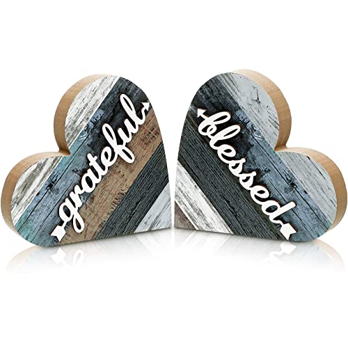 Jetec 2 Pcs Rustic Wooden Heart Table Decor, Daisy Farmhouse Home Decor, Bless This Home & Be Kind Sign for Living Room, Dining Room, Shelf & Mantel, Ideal Housewarming & Birthday Gift(Grateful Style) - style: Grateful Style