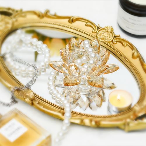Crystal Flower Jewelry Tray, Luxury Transparent Decorative Trinket Dish for Rings, Earrings, Necklaces, Keys for Vanity Dresser Nightstand, Elegant Gift for Women Mother's Day (1, 4.4"(w) - Gold) - size: 4.4"(w) - Gold