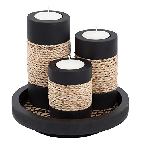 IYARA CRAFT Tealight Candle Holders with Tray – Set of 3 Rustic Black Wooden Candle Holders with Natural Rope Accent, Cozy Centerpiece for Romantic Dinner Table Decor, Anniversary & Housewarming Gifts