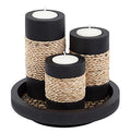 IYARA CRAFT Tealight Candle Holders with Tray – Set of 3 Rustic Black Wooden Candle Holders with Natural Rope Accent, Cozy Centerpiece for Romantic Dinner Table Decor, Anniversary & Housewarming Gifts