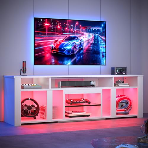 Bestier 80 Inch TV Stand for 85 Inch TVs, Modern Open Entertainment Center with LED Lights & Adjustable Shelves, Media Console for Gaming Setup and Home Theater (White)