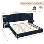 Luxury King Size Bed Frame with LED Lights and Nightstands, Oversized Velvet Upholstered Platform Bed Frame with Extra Wide Headboard, Button Tufted Design, No Box Spring Needed, Dark Blue | Breathable material - color: Dark Blue-velvet, size: King