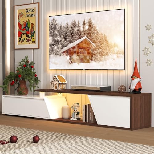 Verano Garden Extendable TV Stand with Led Lights, Wood TV Media Console with 2 Drawers & 1 Cabinet, Modern Entertainment Center Up to 90 Inch TV for Living Room Bedroom, 63" - 90.6" (White & Walnut) - color: White & Walnut