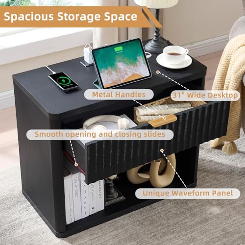 LEYAOYAO 31" Wide Fluted Nightstand with Charging Station, Oversized Extra Large 1 Drawer Night Stand with Golden Handle, Black Wood Bedside Table Tall End Tables,for Bedroom, Living Room, Hallway - color: Black, size: 1 Drawers