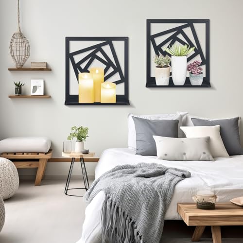 2Pcs Black Metal Wall Art Decor Farmhouse Black Candle Holder Minimalist Wall Art Retro Bathroom Decor Farmhouse Decoration for Bathroom Living Room Bedroom (Modern)