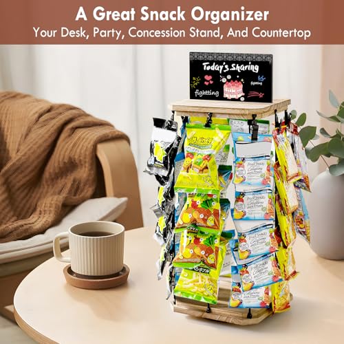 Pinzoveco Chip Rack Display Stand, 5 Tiers 40 Clips Snack Organizer for Office Desk, 360° Rotating Wooden Base Chip Holder Candy Display for Concession Stand, Countertop, Party, With Message Board - color: Rustic Brown