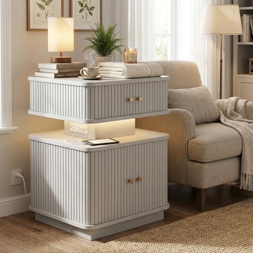 LED Light End Table with Charging Station, Grey Mid Century Bedside Table with USB Type A C Ports, Small Fluted Accent TV Control Nightstand with 2 Sliding Door for Living Room, Curvy Edge - color: Grey