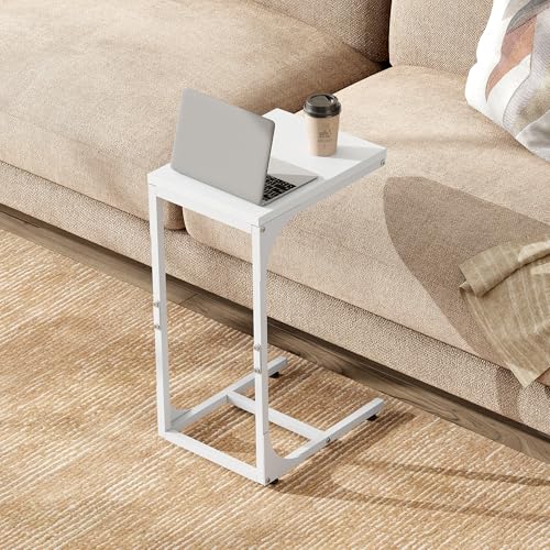WLIVE C Shaped End Table, Small Couch Side Tables with Metal Frame, Sofa Table TV Tray for Living Room, Bedroom, White - color: White